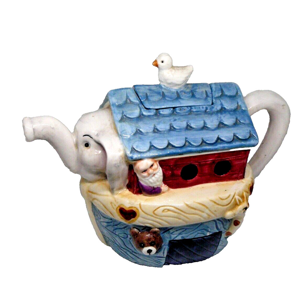 Rare VTG Teapot Noah's Ark Elephant Spout Dove Noah Small Chip Lid Corner See